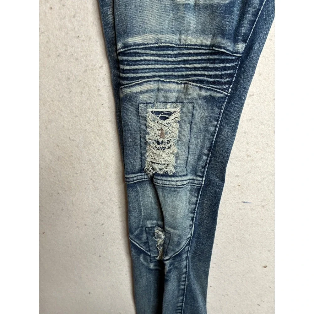 RGSTR Mens Distressed Moto Biker Jeans Blue Denim Ribbed Knee Slim Fit Size 30